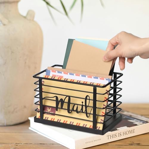 Mail Holder, Acacia Wood & Sturdy Metal Mesh Letter Caddy,2-Slot Desktop Organizer for Desk Home Office