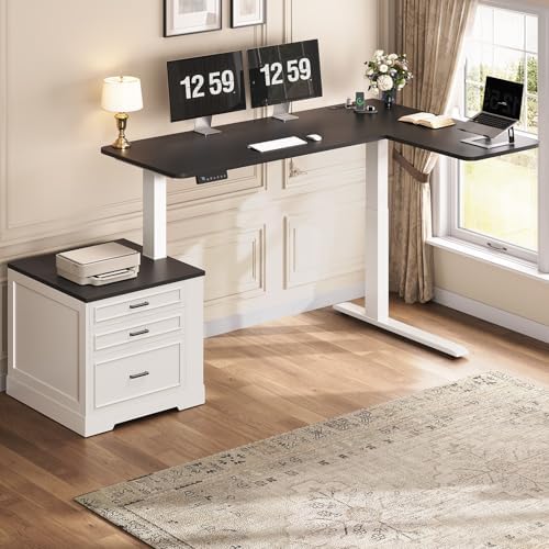SEDETA Farmhouse L Shaped Electric Standing Desk, 70.9" x 39.4" Height Adjustable Office Executive Desk with 3 Drawers, Standing Computer Desks with Power Outlet for Home Office, White