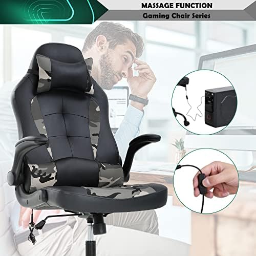 Massage Gaming Chair, PU Leather Gaming Chairs for Adults, Comfy Office Chair Ergonomic Desk Chair Computer Chair with Flip Up Arms, Swivel Reclining Gamer Chair, Height & Backrest Adjustable, Camo