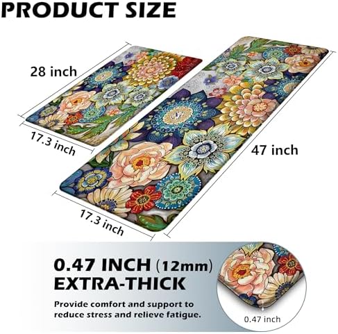Boho Floral Kitchen Rugs Mats for Floor 2 Piece Cushioned Anti Fatigue Memory Foam Mat Non Slip Standing Desk Padded Comfort Standing Mat, 17.3x28+17.3x47 Inch - 1/2 Inch Thick