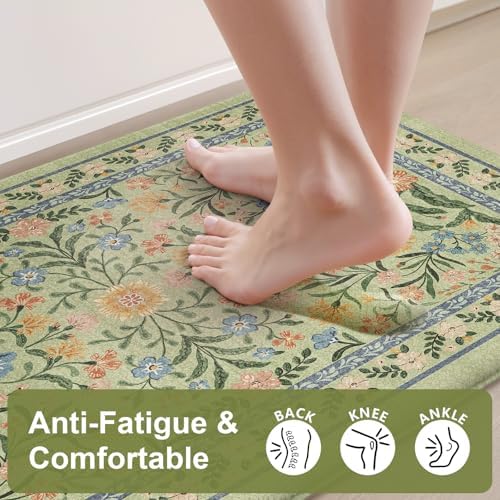 Collive Kitchen Rugs Sets of 2 Non Slip Washable, Green Kitchen Floor Mats