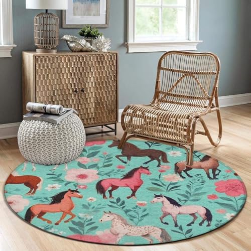 Men's Large Home Decor Mat, Soft Round Yoga Carpet, Non Slip Machine Washable Home Office Circle Rug Floral Flowers Horses