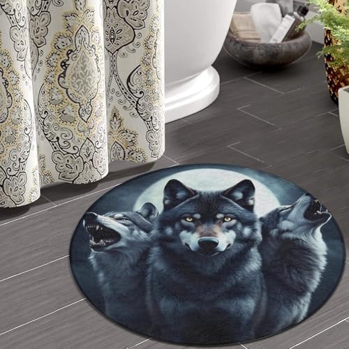 Fashion Round Area Rug Large Non Slip Carpet, Full Moon Wolf Unisex Home Decor Mat