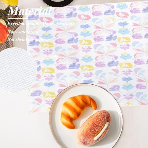 Shrahala Pastel Seamless Floral Set of 6 12 X 18 Inch Linen Placemats, Abstract Geometric Blossom Burlap Table Mat Washable Double Layered Heat Insulation for Indoor