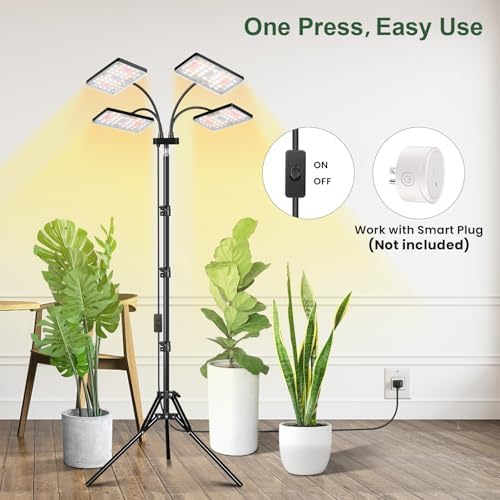 LBW Grow Light for Indoor Plants, Quad-Head Standing Plant Light, Full Spectrum, Wide Coverage, 63” Adjustable Height, Plug & Play