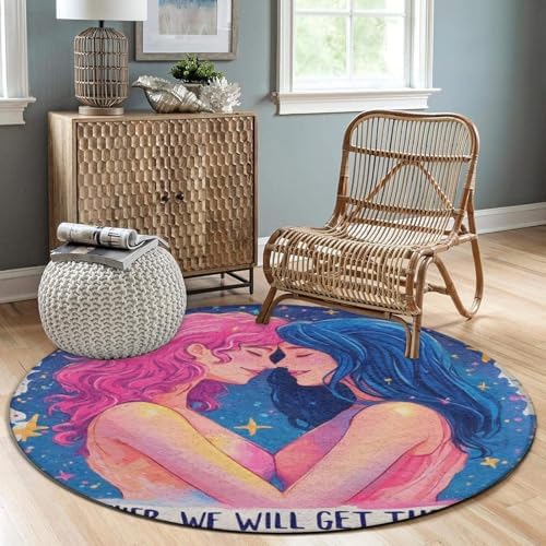 Large Round Area Rug Home Decor Modern Bathroom Rug Kitchen Office Circle Rug for Living Room Sofa Circle Cute Mat Lesbian LGBT Girl Pride Love, 36inch