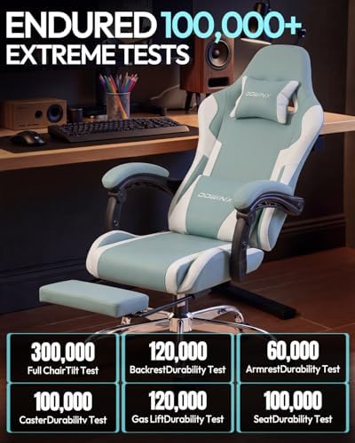 Dowinx Ergonomic Gaming Chair with Footrest & Massage Lumbar, 2D-Linkage Armrests for Computer Chair 330lbs with Headrest Pillow for Office, Home, Streaming and Long Gaming Sessions, Fabric Blue White