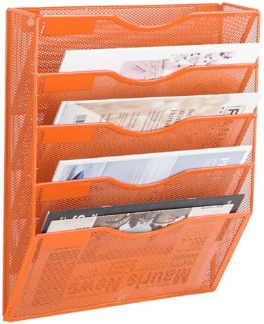 EASEPRES 5 Pocket Mesh Hanging Wall File Organizer, Wall Mounted Mail Paper Document Folder Holder, Clipboard Storage Organization Magazine Rack with Nametag Label for Office Home School, Orange