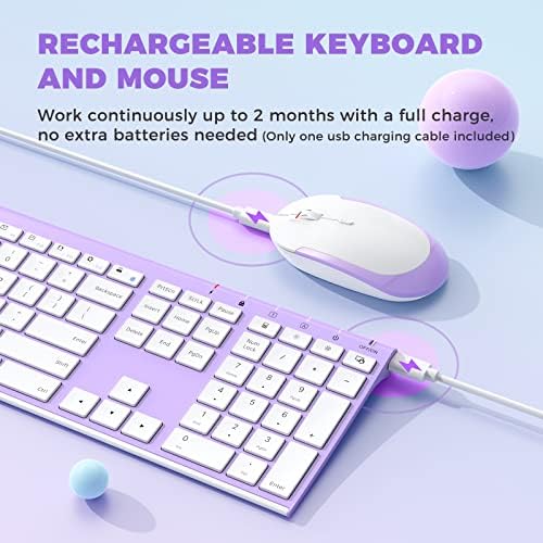Vssoplor Wireless Keyboard and Mouse, Rechargeable Ultra Slim, Lavender