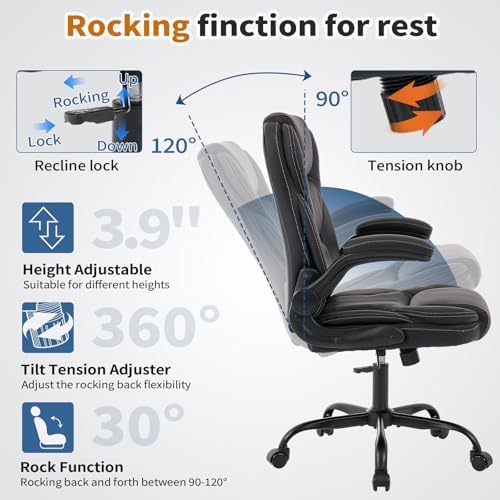 Big and Tall Office Chair 500lbs Wide Seat, Leather Executive Desk Chair with Ergonomic Lumbar Support, PU Padded Flip-up Armrests Computer Chair, High Back Swivel Gaming Chair for Heavy People, Black