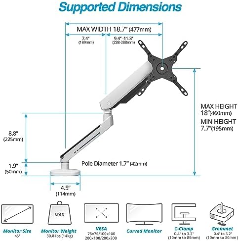 AVLT Single 27”-45” RGB Gaming Monitor Arm Desk Mount - White