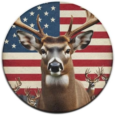 Fashion Round Area Rug Large Non Slip Carpet, American US Flag Hunting Deer Unisex Home Decor Mat