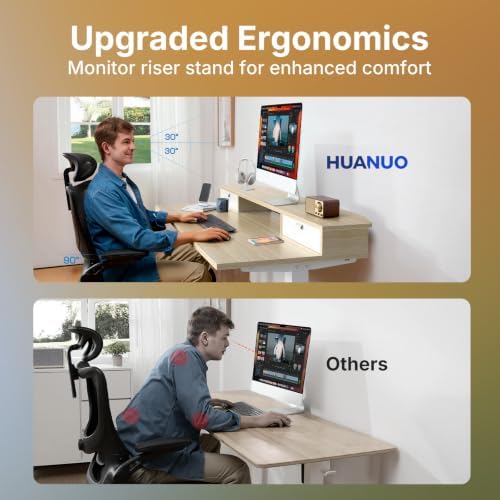 HUANUO 40" X 24" Electric Standing Desk with 2 Drawers, C-Clamp Mount Compatible, Height Adjustable Computer Desk, Home Office Stand Up Desk with 4 Preset Heights & 2 Hooks, Light Walnut