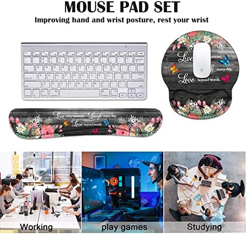 Keyboard Wrist Rest and Mouse Pad Wrist Support Set with Coasters, Ergonomic Gaming Mousepad Non-Slip PU Base for Home Office Working Studying Easy Typing & Pain Relief, Floral Quote Live Laugh Love