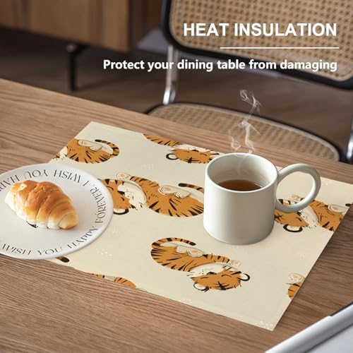 Cute Tiger in Tan Linen Placemats, Sleeping Tigers Pattern Table Mats for Table Washable Heat Insulation Thick Dining Mat, Indoor/Outdoor 12X18 in 4 Pcs