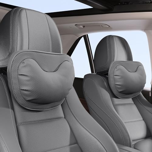 Car Neck Pillow [No More Pressure] Soft Comfortable Premium Leather Headrest with Adjustable Strap – Ergonomic Support for Driving, Office & Gaming, Gray, 2 Pack