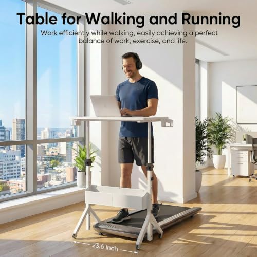 HUANUO Mobile Standing Desk with Wheels and Storage Basket, Height Adjustable 28.7"-46.1" Rolling Desk for Walking Pad, Small Space Laptop Computer Workstation for Home Office,White