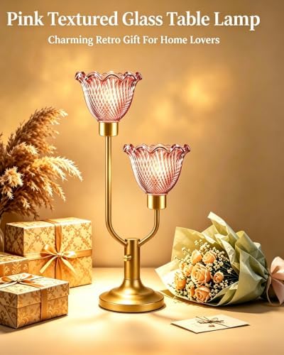 Flower Glass Table Lamp for Bedroom Dimmable Vintage Pink Lamp Gift
