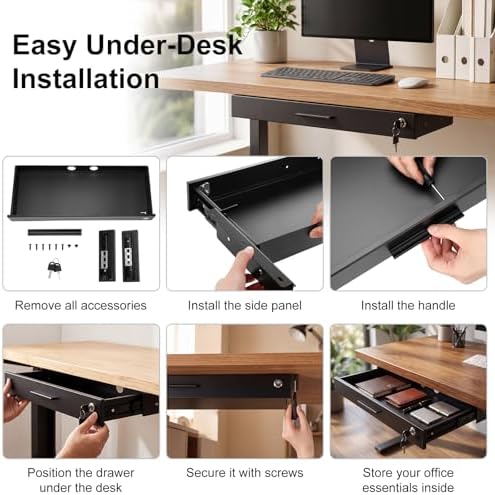 Menkxi 24'' x 9'' Under Desk Drawer Slide Out Storage Organizer, Lockable Metal Desk Drawer for Laptop and Office Accessories, Large Hidden Under Table Storage Box with Cable Management, Black