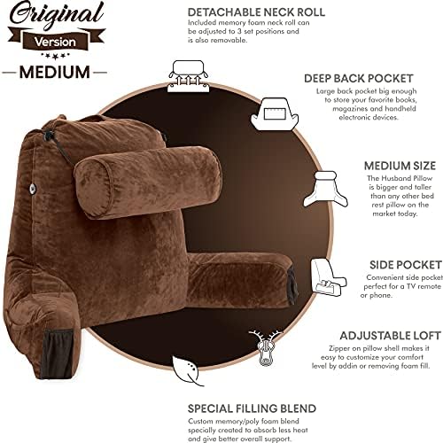 Husband Pillow Medium Reading Pillow with Arms - 23" Backrest for Sitting Up in Bed - Firm Support Bed Rest Pillow for Adults, Neck Roll, Removable Cover - TV, Reading, Lounging - Chocolate