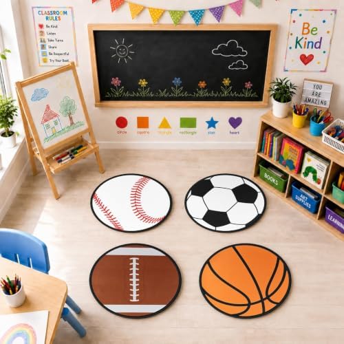 12Pcs Sports Themed Carpet Circle Seats 16x16 Inch Round Classroom Rug Baseball Basketball Football Rugby Soft Non-Slip Washable Floor Cushions Ball Sports Fluffy Mat for Back to School Home Supplies