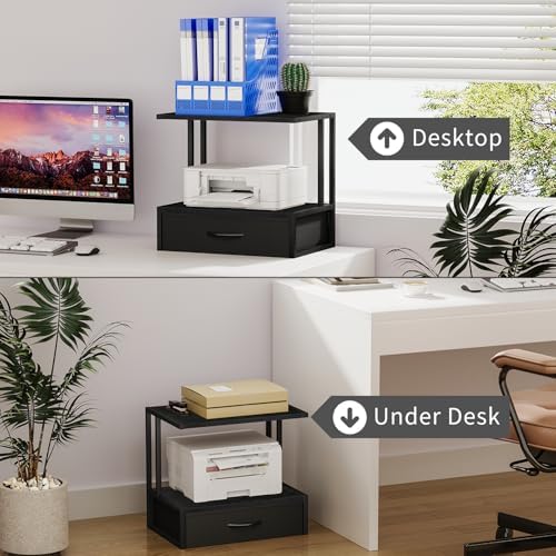 Printer Stand with Storage for Desk, with Fabric Drawer Desktop Printer Stand Shelf Organzier for Home Office, for Above and Under Desk Printer Table, Fax Machine Copier Scanner, Black