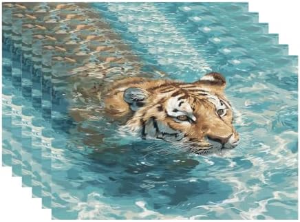 Batmerry Cute Tiger in Water Blue Placemats, Swimming Washable Linen Table Mats for Kitchen Table Double Insulation Decor Dining Set Indoor Outdoor 12X18 in Set of 6