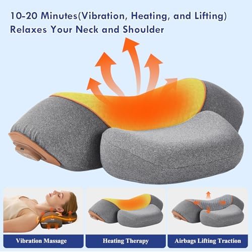 3-in-1 Neck Massager Pillow with Heat - Deep Tissue Vibration Massage & Cervical Traction for Neck Pain Relief, Portable Rechargeable Neck Hump Corrector (Rechargeable)