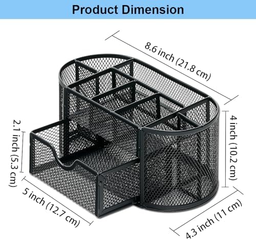 Desk Organizer Stationery Storage, Pencil Holder for Desk, Wire Mesh Office Supplies Desk Accessories Workspace Organizers with 9 Compartments and Mini Drawer (Black)