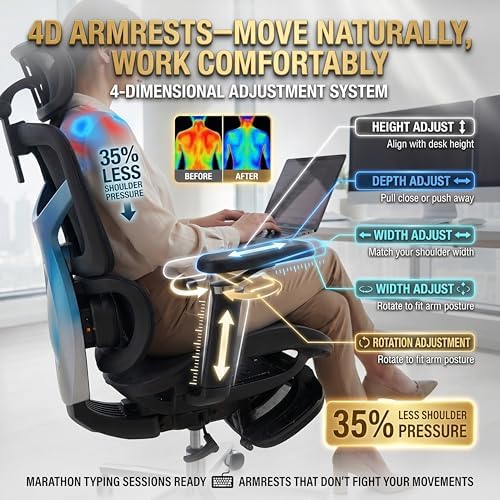 Ergonomic Office Chair with Footrest & 3D Massage Lumbar Support, Adjustable Seat Depth & Back Height,Big and Tall,400lbs, 4D Headrest, 4D Armrests, Reclining Office Chair for Home Office (Black)