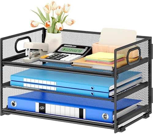 Subekyu 3 Tier Paper Letter Tray Organizer for Desk, Black Metal Mesh Desk File Folder Sorter Organizer with Handle and Sliding Tray for Home, Office, School Supplies Organization Storage
