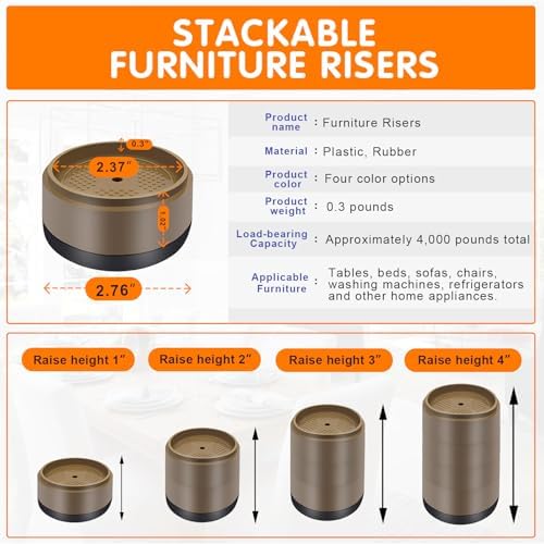 Furniture Risers Bed Risers Heavy Duty 1 inch, 2 inch, 3 inch, 4 inch Round Adjustable Bed Lifts Riser for Desk Legs Table Couch Sofa Chair Refrigerator Washing Machine (1+1+1+1 Inch, Brown, 4 Pack )