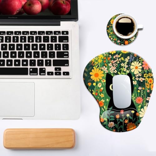 Ergonomic Mouse Pad with Wrist Support,Mouse Pad with Wrist Rest and Coaster Set,Office Supplies Non-Slip Mouse Pads for Desk, Non-Slip Comfortable,Cute Black Cat