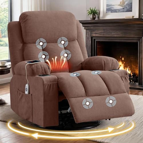 MAHOMICO Swivel Rocker Recliner Chair with Vibration Massage and Heat for Living Room,with Rocking Function and Side Pocket, USB Charge Port,2 Cup Holders