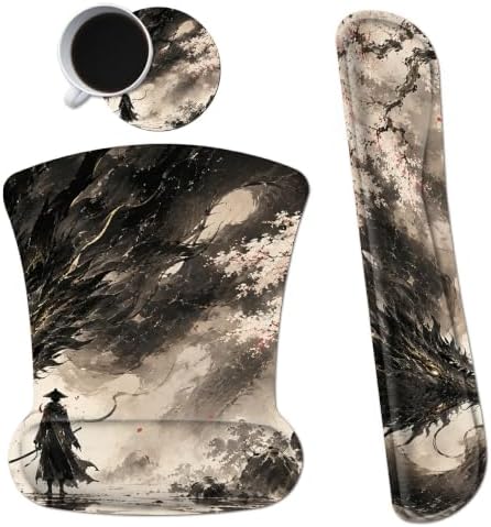 3-in-1 Ergonomic Memory Foam Keyboard Wrist Rest Pad Set, Sakura Dragon