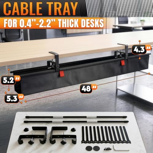 Under Desk Cable Management Tray 48" — No Drill Clamp-On Cord Organizer for Desk with Built-in Ties, Heavy Duty Metal Clamp, Foldable 600D Oxford Fabric for Home Office, WFH & Gaming PC Setup (Black)