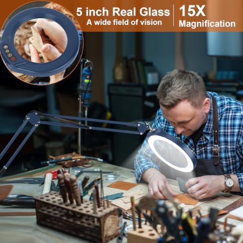 Veemagni 5 Inch Large Real Glass Magnifying Glass with Light and Stand, 5 Color Modes Stepless Dimmable, 2 * 16 Inch Swivel Arm LED Clamp Desk Lamp, Hands Free 15X Lighted Magnifier for Crafting-Blue