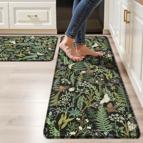 2PCS Botanical Kitchen Rugs Set, Black Green 17.3"x28" + 17.3"x47"