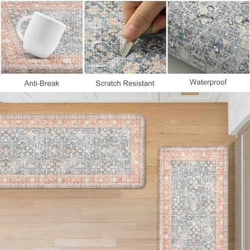 KIMODE Anti Fatigue Kitchen Mat,Farmhouse Kitchen Rug Sets of 2 Orange Blue