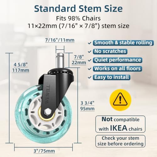 WEWILL Office Chair Wheels - Rubber Casters Replacement Universal Fit 98% Chair(Set of 5) Heavy Duty 3 Inch Smoothly & Quietly Safe for All Floor, Hardwood, Tile, Carpet, Noise Free - Sky Blue