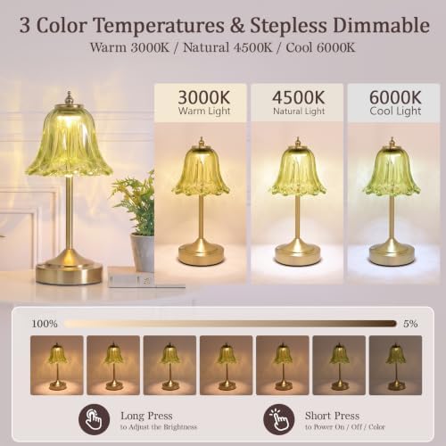 Cordless Table Lamp, Rechargeable Green Glass Tulip Flower Touch Lamp