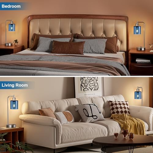 Innqoo Industrial Blue Table Lamps for Bedrooms Set of 2-3-Way Dimmable Desk Lamp with USB C+A Ports and Outlet, Nickel Lamps with Green Glass Shade for Living Room