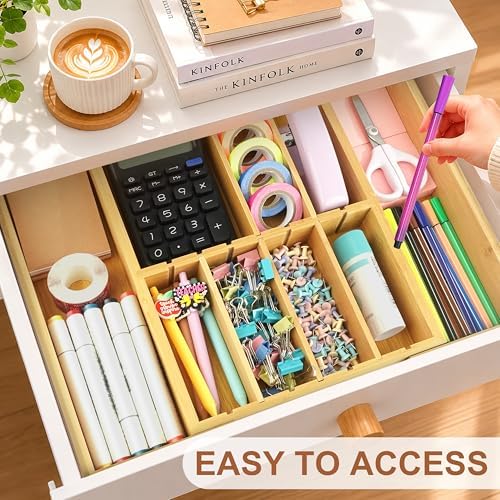 TREWAVE Bamboo Desk Drawer Organizer, Expandable Drawer Organizer Tray