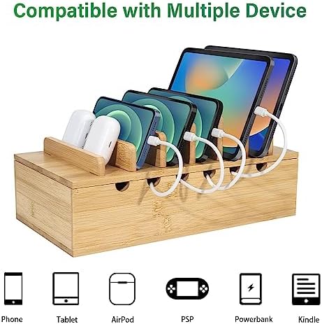Bamboo Charging Station for Multiple Devices, Desk Docking Stations Organizer Compatible with iPhone Devices, Wood Charging Cell Phone Holder Stand (Includes 6 Cables) (NO Power Supply)