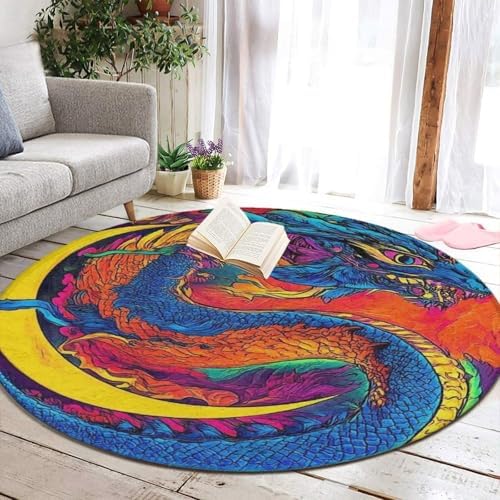 Home Decor Non Slip Kitchen Office Circle Rug, Machine Washable Modern Round Area Rug, Room Sofa Yoga Soft Round Carpet Mystery Dragon Trippy Art, 60inch