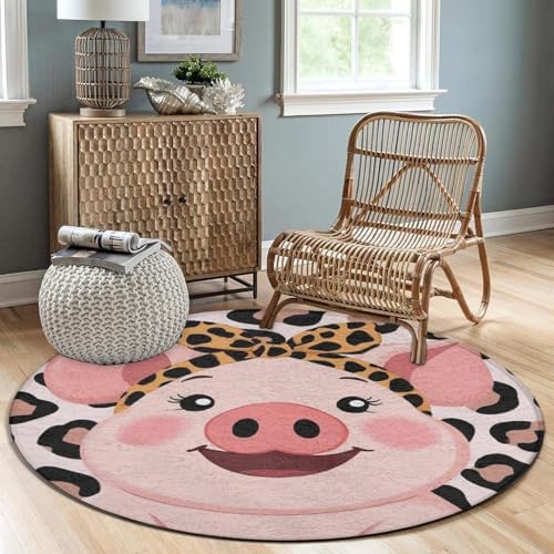 Fashion Round Area Rug Large Non Slip Carpet Unisex Home Decor Mat Cute Pig Leopard Print Pink