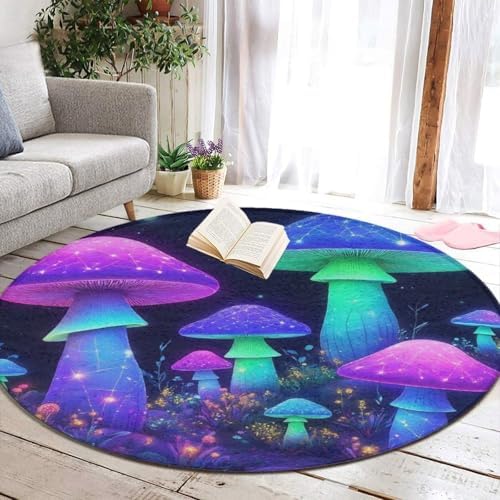 Soft Round Yoga Carpet, Office Chair Decor Round Mat for Carpet and Hardwood Floors Neon Mushrooms