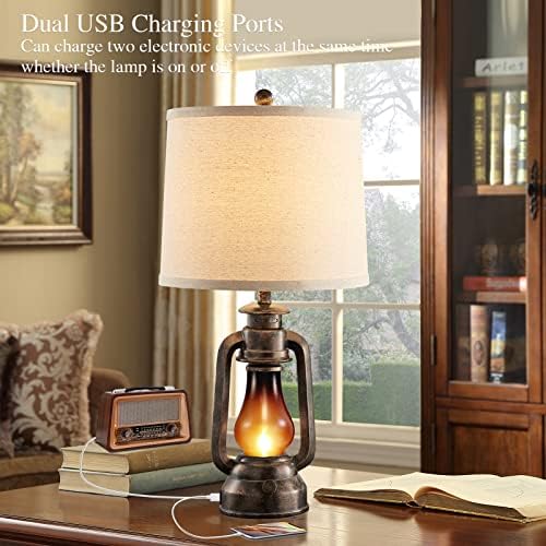 Farmhouse Lantern Table Lamps for Living Room Set of 2 with USB C+A