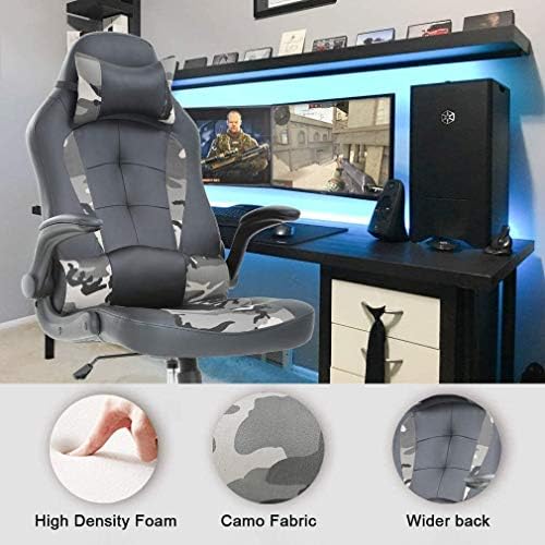 Ergonomic Gaming Office Chair - High Back PU Leather Executive Desk Chair with Lumbar Support, Flip-Up Arms & Headrest - Adjustable Swivel Task Computer Chair for Adults-Camo
