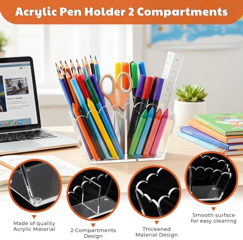 Clear Acrylic Pen Holder,2-Compartment Scalloped Desk Caddy